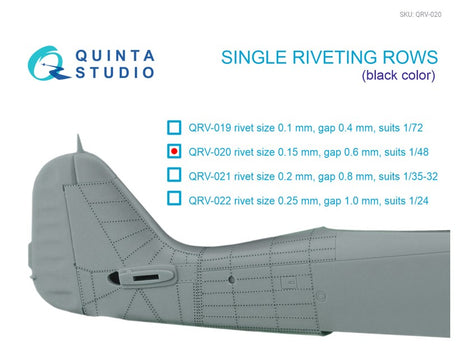 Single riveting rows (rivet size 0.15 mm, gap 0.6 mm, suits 1/48 scale), Black color, total length 6.2 m/20 ft