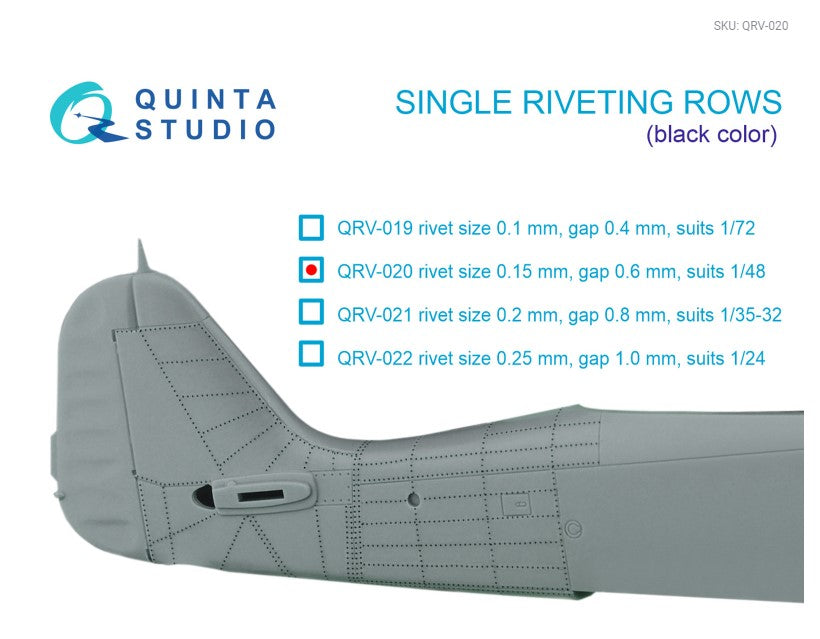 Single riveting rows (rivet size 0.15 mm, gap 0.6 mm, suits 1/48 scale), Black color, total length 6.2 m/20 ft