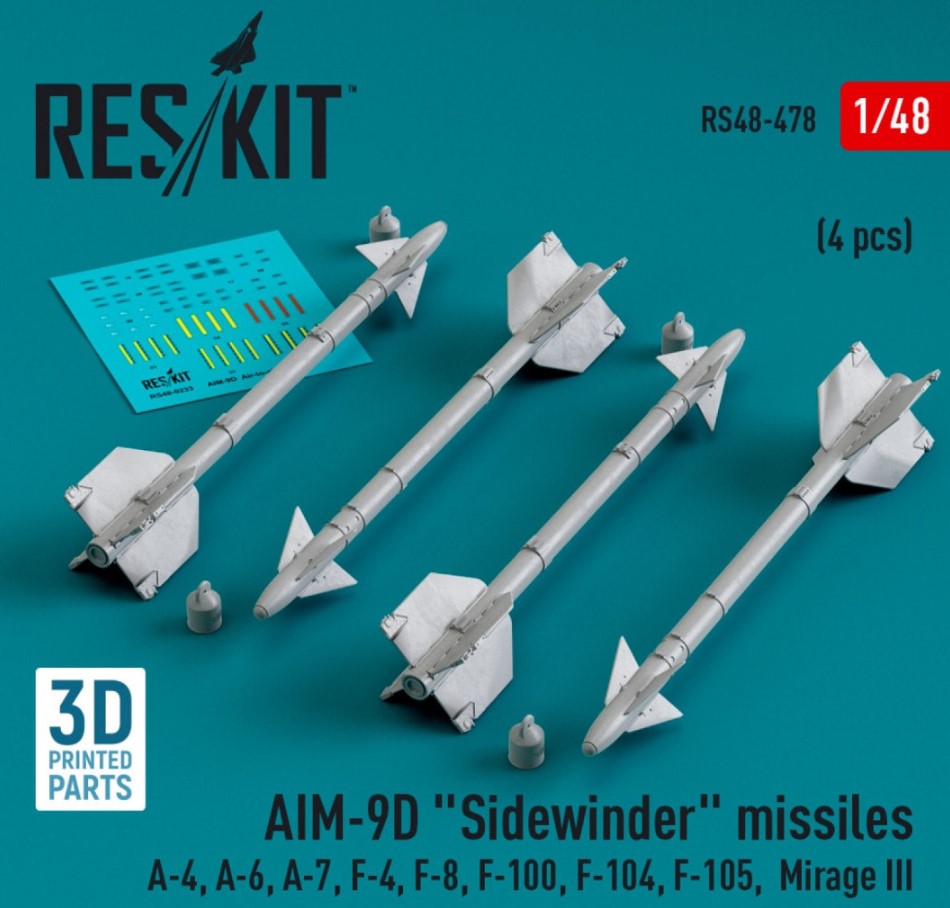 AIM-9D Sidewinder missiles (4 pcs) (3D Printed) A-4, A-6, A-7, F-4, F-8, F-100, F-104, F-105, Mirage III
